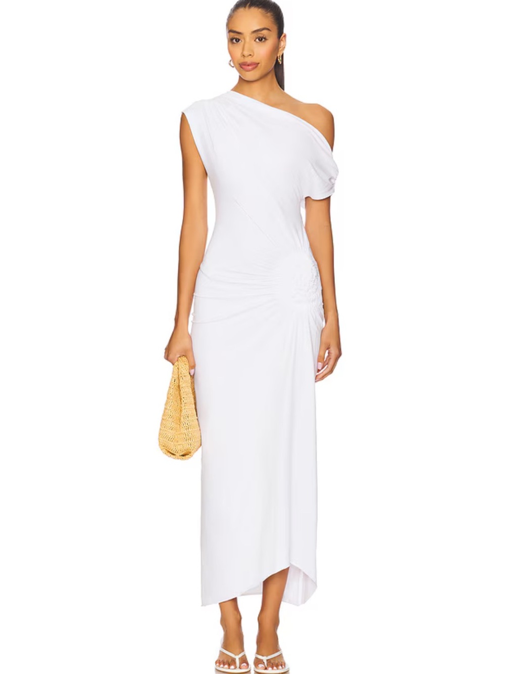 Asymmetrical One-Shoulder White Midi Dress with Side Gather
